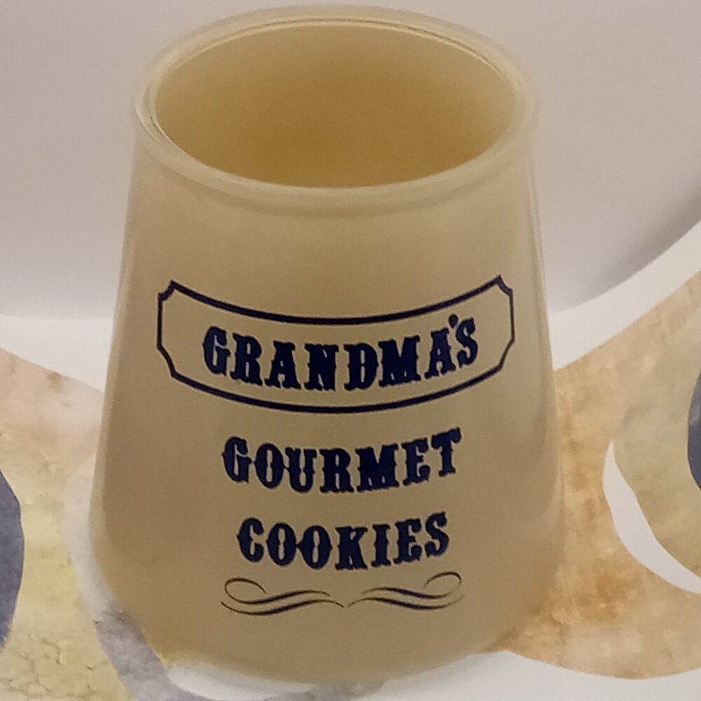Grandma’s Gourmet Cookies Glass JAR Tan NO LID 7.25" Vintage Bartlett Collins